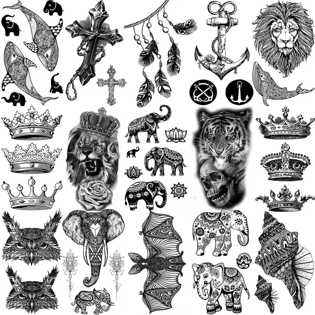 

Henna Elephant Whale Temporary Tattoos For Women Adult Cross Anchor Lion Tiger Crown Bat Fake Tattoo Neck Arm Hands Small Tatoos