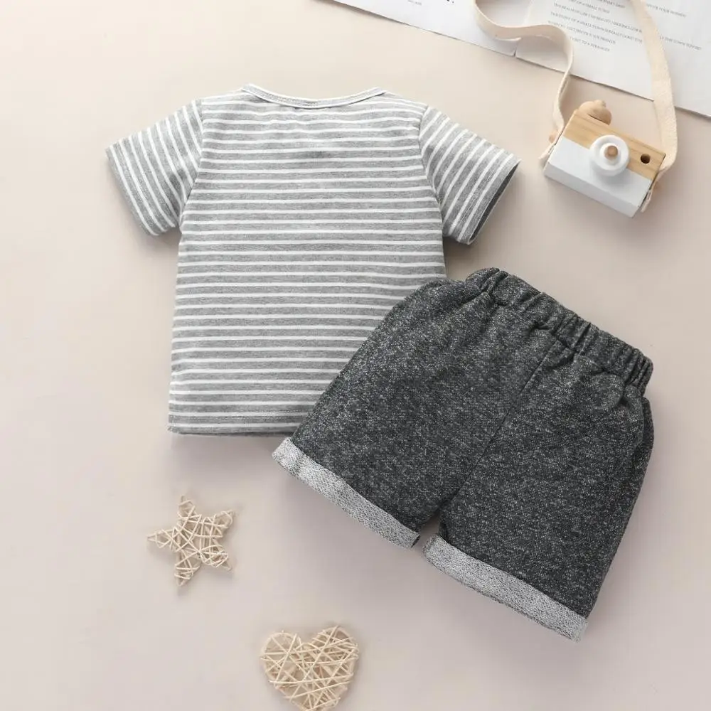 

0-24M Summer Newborn Baby Boys Causal Clothes Sets Grey Striped Print Short Sleeve T Shirts Tops Shorts Baby Boys Outfits