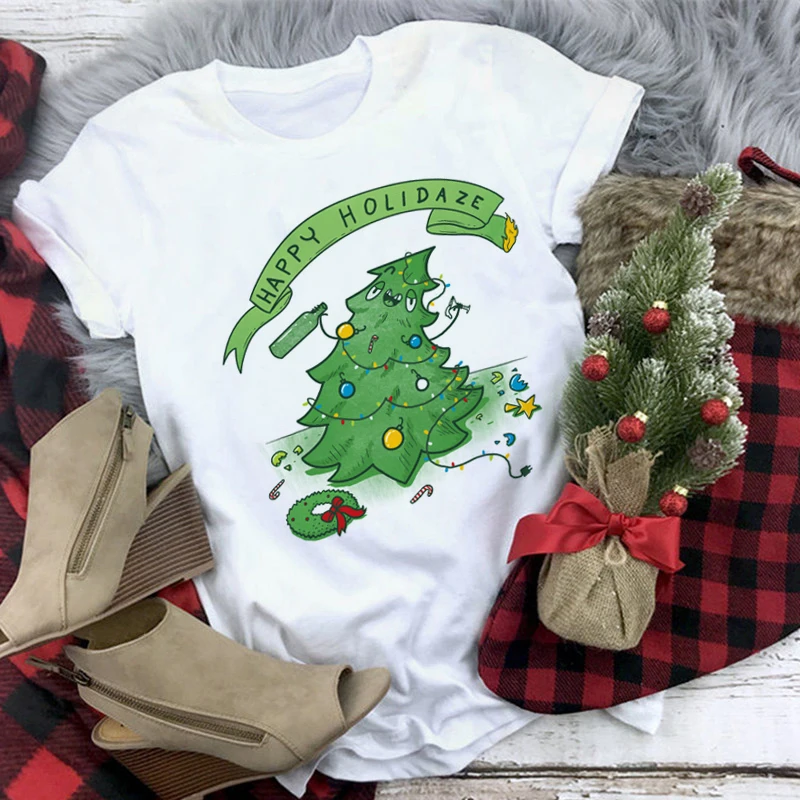 

Woman Tshirts Female Vogue Harajuku Short Sleeve T-shirt Unisex Casual Tops Suitable All Seasons Merry Christmas Letters Tree