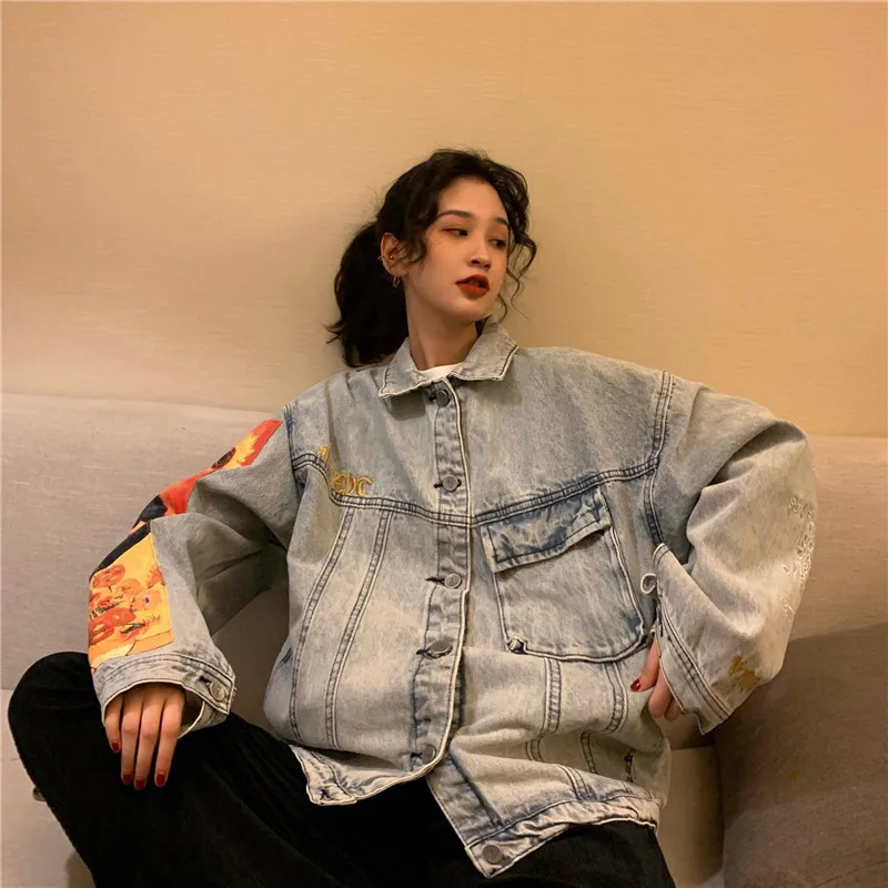 Длинная джинсовая куртка с мультяшным принтом Женская шикарная уличная одежда в