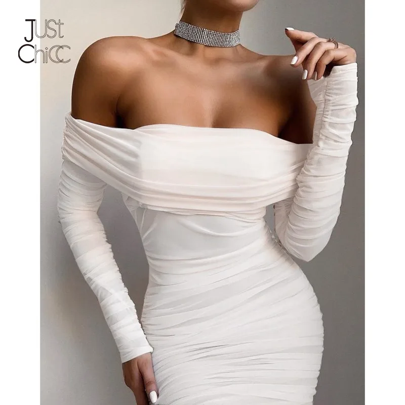 

Justchicc Sexy Double Layer Mesh Dress Autumn Women Pleated Long Sleeve Bandage Midi Dresses Off Shoulder Elegant Party Dress