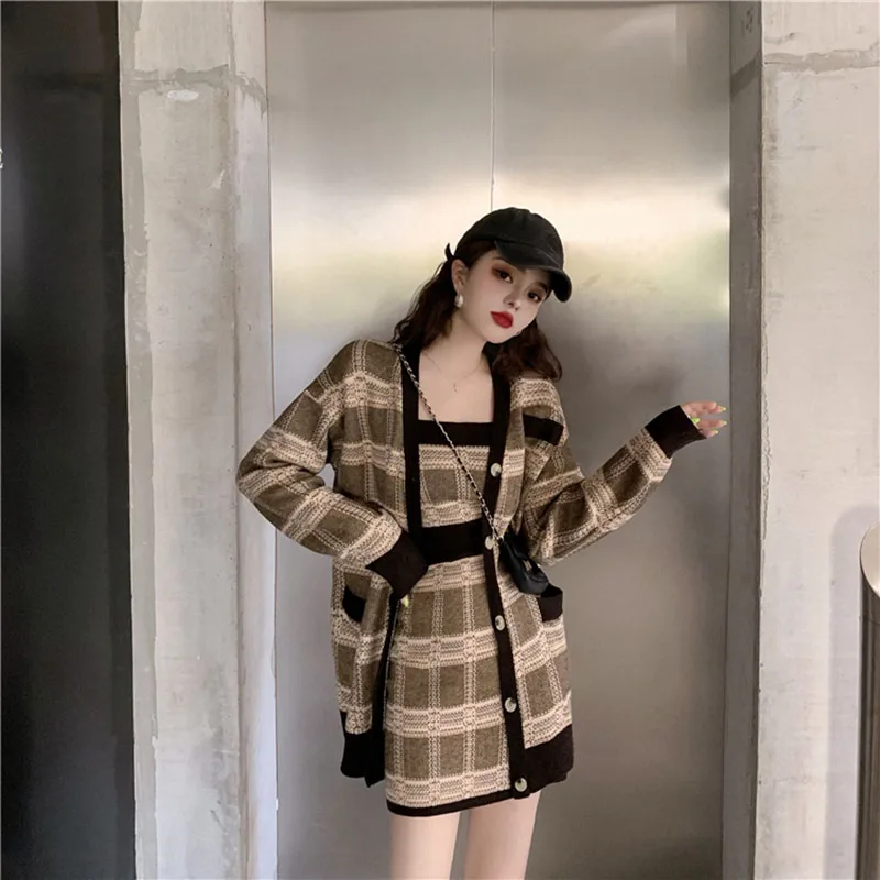 Women's Autumn Winter Plaid Cardigan Sweater Knit Suit New Korean Camisole A Word Skirt Three-piece Ins Tide ML168 |