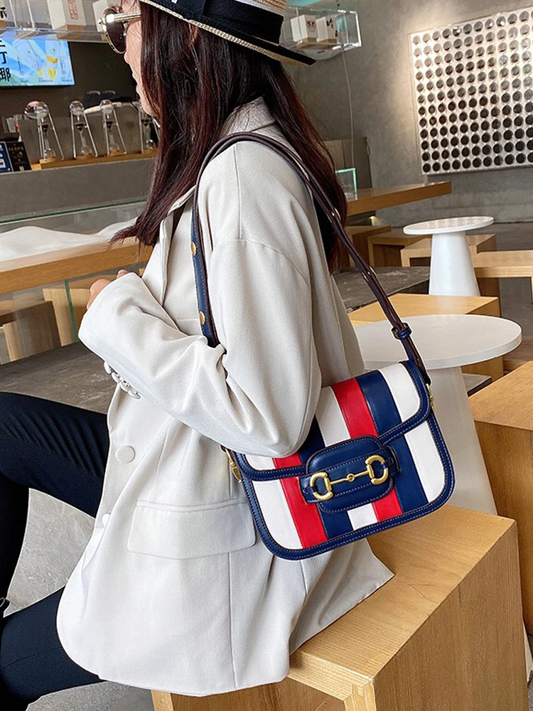 

Fashion Stripe Saddle bag Women Luxury Brand Wide shoulder straps Shoulder Bag Joining together Horse bit buckle Messenger Bag