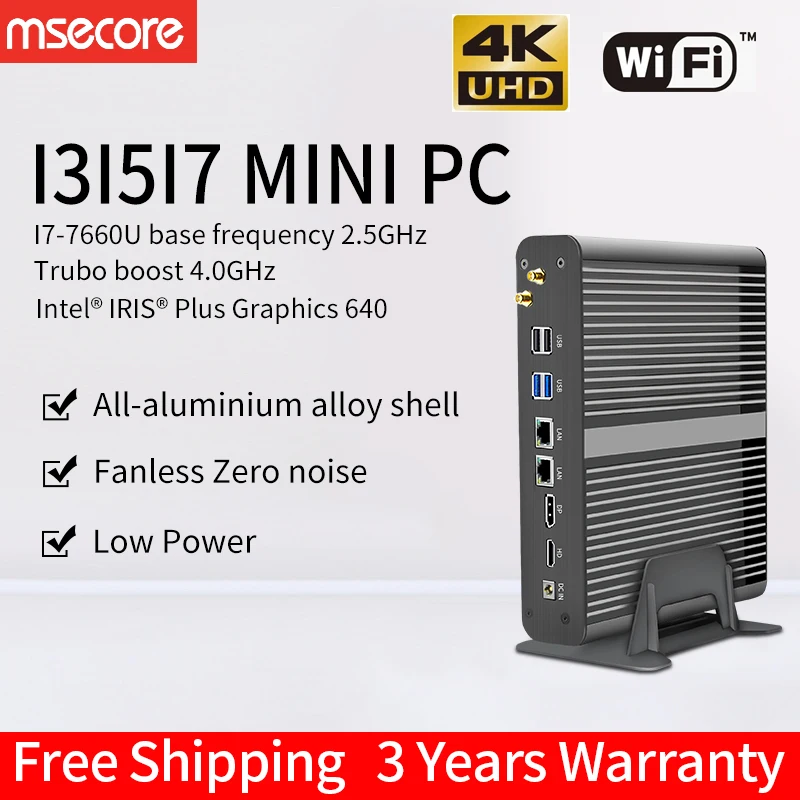 MSECORE Intel I3 7100U I5 7260U I7 7660U Fanless gaming Mini PC Windows 10 HTPC linux game PC Desktop Computer HDMI DP 4K WiFi