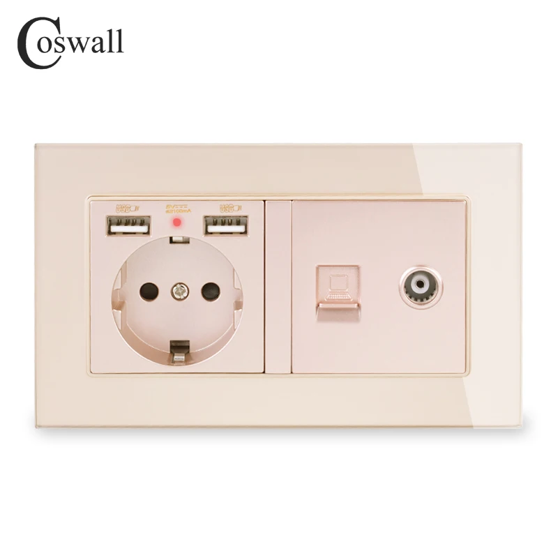 Gold COSWALL Россия Испания стандарт ЕС розетка 2 USB порт зарядки+ женский ТВ разъем с CAT5E RJ45 Интернет Джек стеклянная панель - Тип: Gold