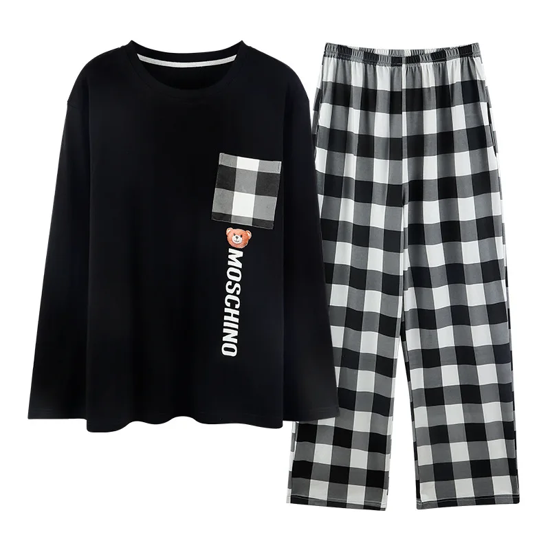 

Autumn and Winter Knitted Cotton Couple Long-sleeved Pajamas Men and Women Matching Pajamas Solid Color Plaid Home Service Suit