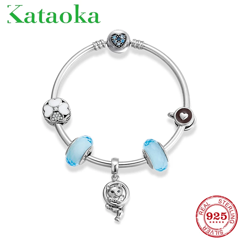 925 пробы Серебряный Шарм бисера браслет с кошкой Животное чашка кофе очарование браслеты голубое стекло дружба женский браслет ювелирные изделия