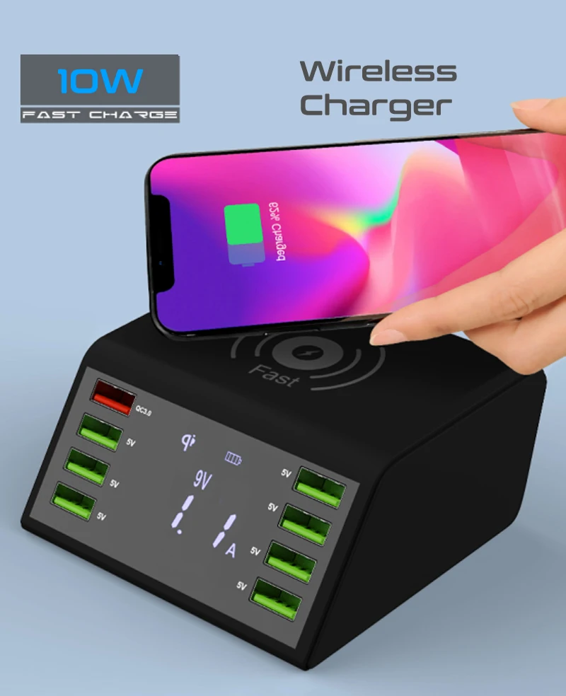 Стод Qi Беспроводное USB зарядное устройство 60 Вт светодиодный дисплей Быстрая