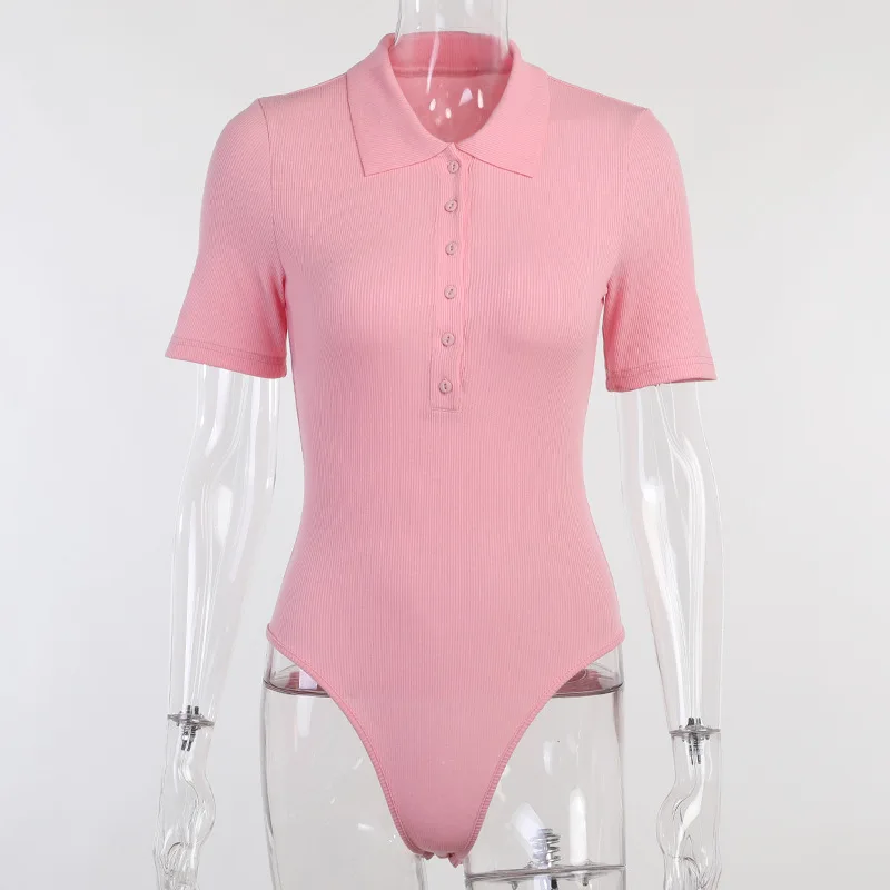 

Fantoye Bodycon Turn Down Collar Women Bodysuits Black Single Breasted Short Sleeve bodysuits Ladies Summer Sexy Slim Jumpsuits