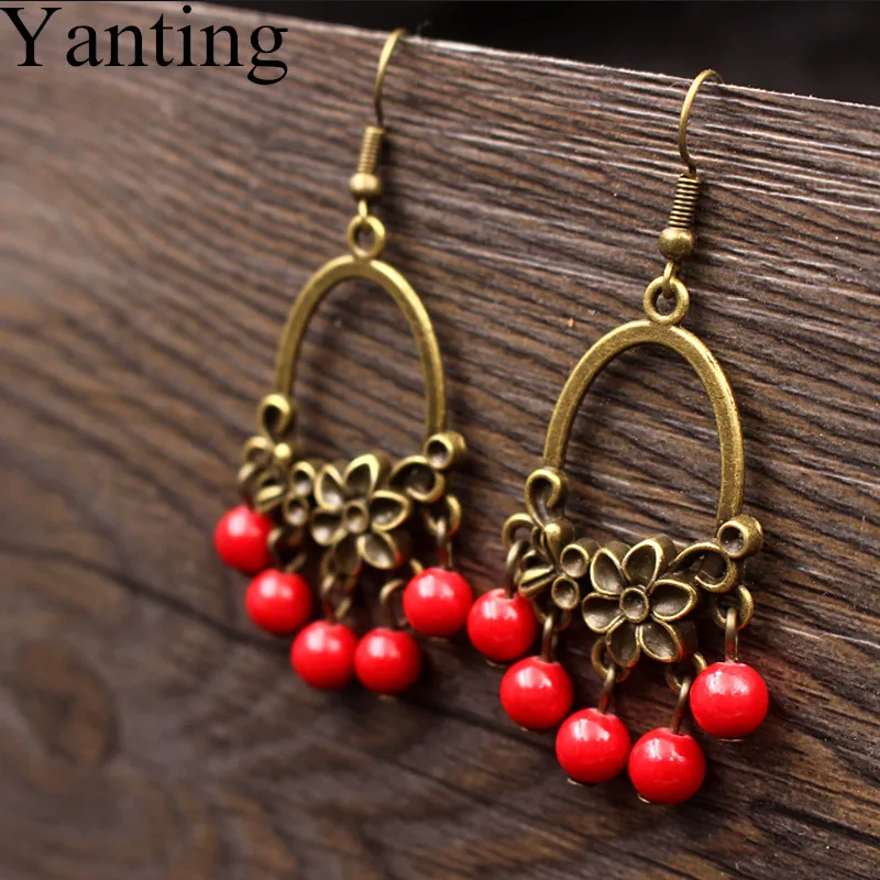 Yanting красные этнические серьги кисточки женские ручной работы винтажные
