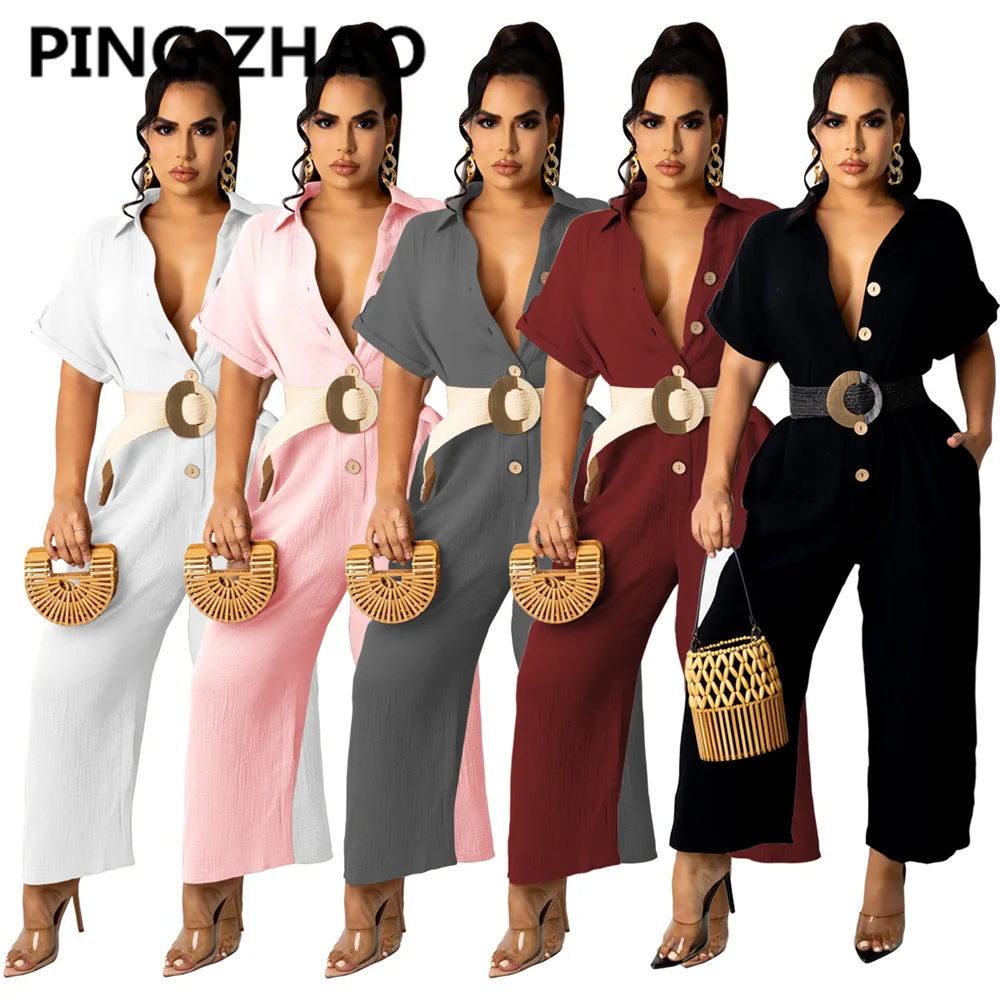 

Женский прямой комбинезон с коротким рукавом, на пуговицах, для офиса, пикантная Клубная уличная одежда, комбинезон (без ремня)