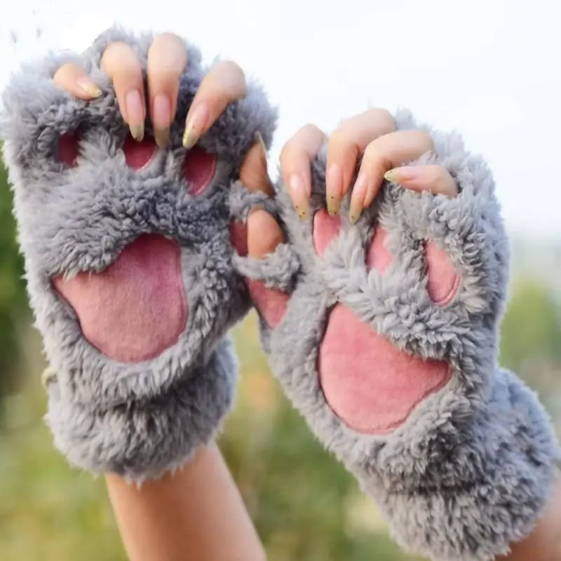 

Fashion Womens Ladies Cat Claw Paw Mitten Plush Glove Costume Cute Winter Half Finger