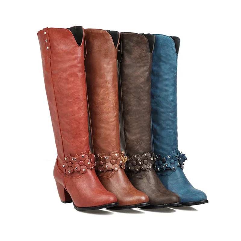 

MORAZORA 2020 wholesale big size 48 women knee high boots flower rivet autumn winter boots vintage high heels shoes woman