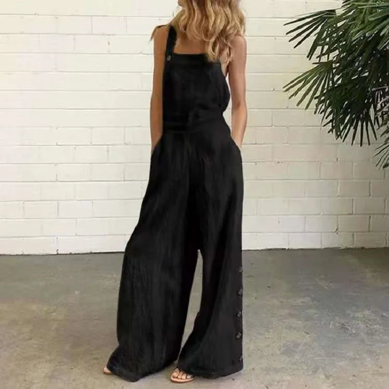 

Jumpsuit Female 2021New SleevelessSide PocketCombinations Wide-LegLoose TrousersSummerWomen Elegant Bodysuit Plus Size