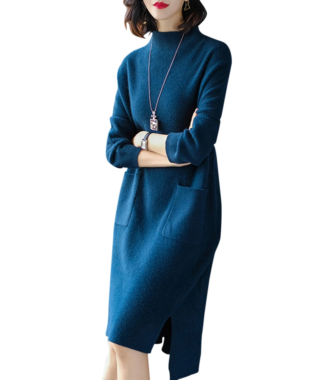 

Women Irregual Side Split Pocket Sweater Dress Korean Japan Straight Mid-Calf Office Lady Kint Turtleneck Dress Spring Fashion