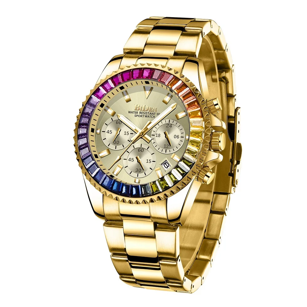 

Top Brand Men Golden Watches Unique Rhinestone Design Chronograph Mens Quartz Wristwatch Gold Dress Watch for Male Gift relogio