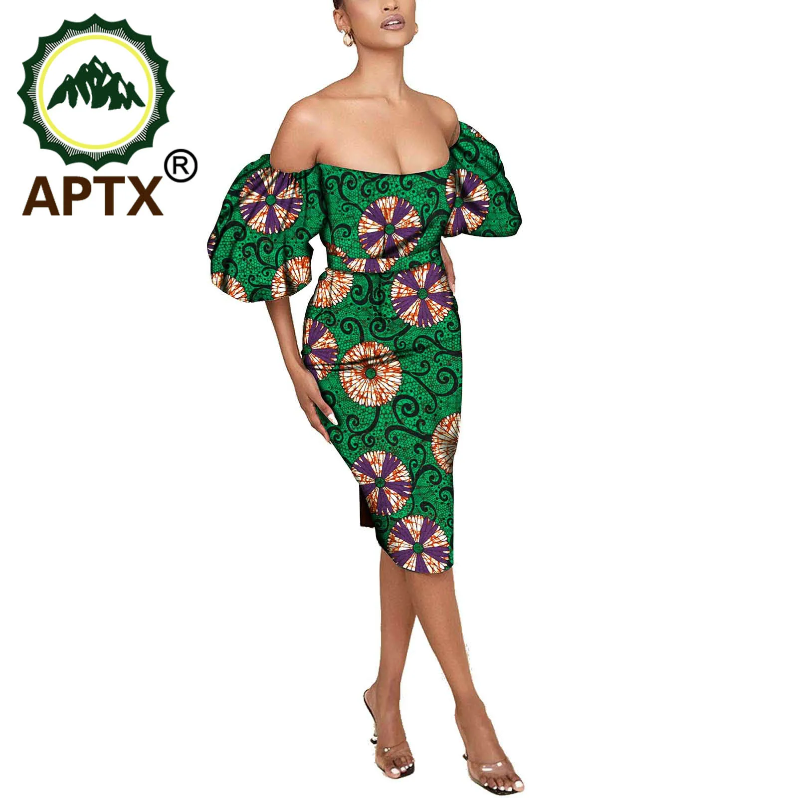 African Women Clothing Off The Shoulder Sexy Ankara Style Floral Skirt Mid Calf Pure Cotton Puff Sleeve Elegant Princess Dress