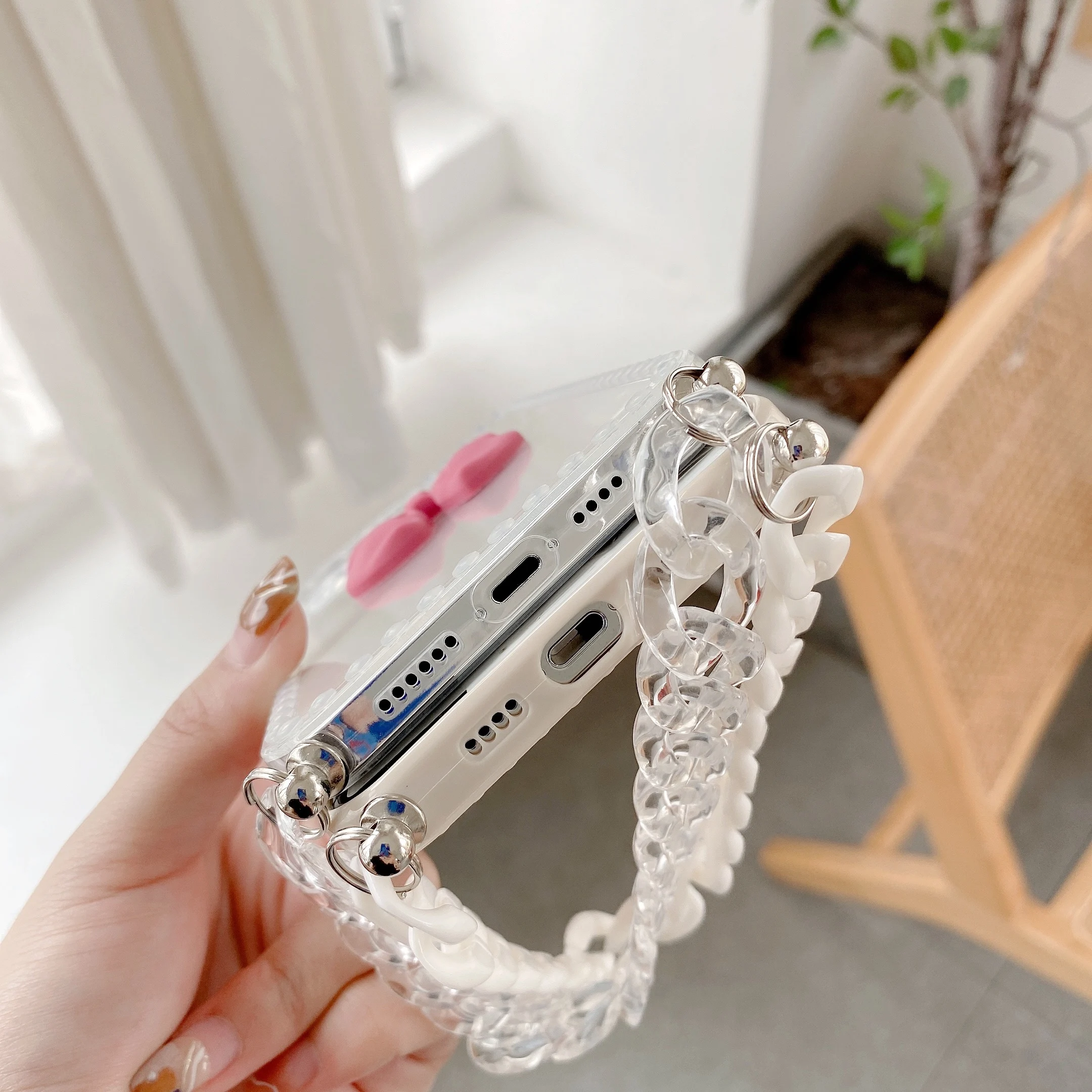 

Bow Glossy Love Heart Bracelet Phone Case For iPhone 12 11 Pro Max XS XR 7 8 Plus SE 2020 White Chain Soft TPU Back Cover Shell