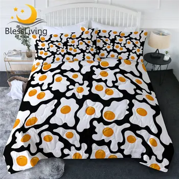 BlessLiving Fried Eggs Summer Quilt Set Cartoon Kids Bedding 3pcs Funny Bedspreads Black White Yellow Comfortable Couette De Lit 1