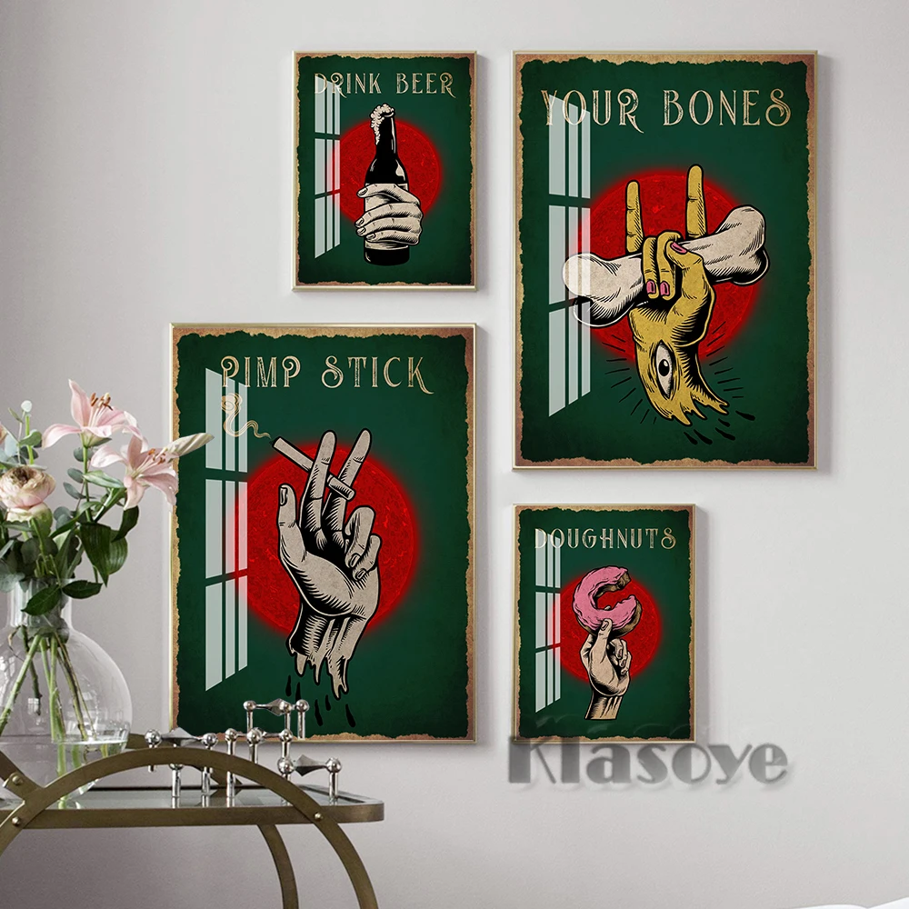 

Blood Moon Hand Gesture Sketch Exhibition Poster Drink Beer Bones Doughnuts Pimp Stick Calligraphy Art Prints Wall Picture Decor
