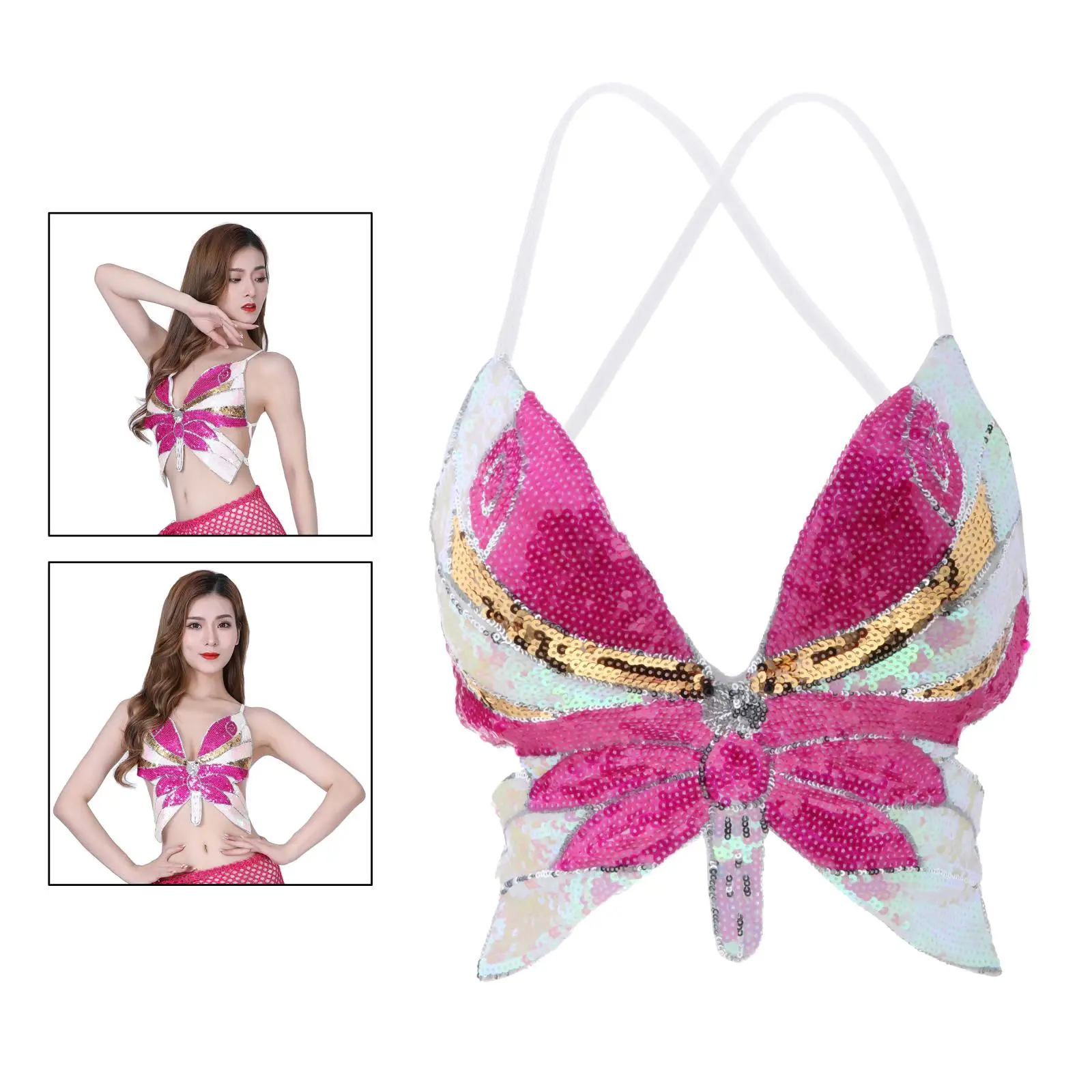 

Tribal Glitter Belly Dance Bra Sparkle Sequins Butterfly Halter Top Sexy for Party Club