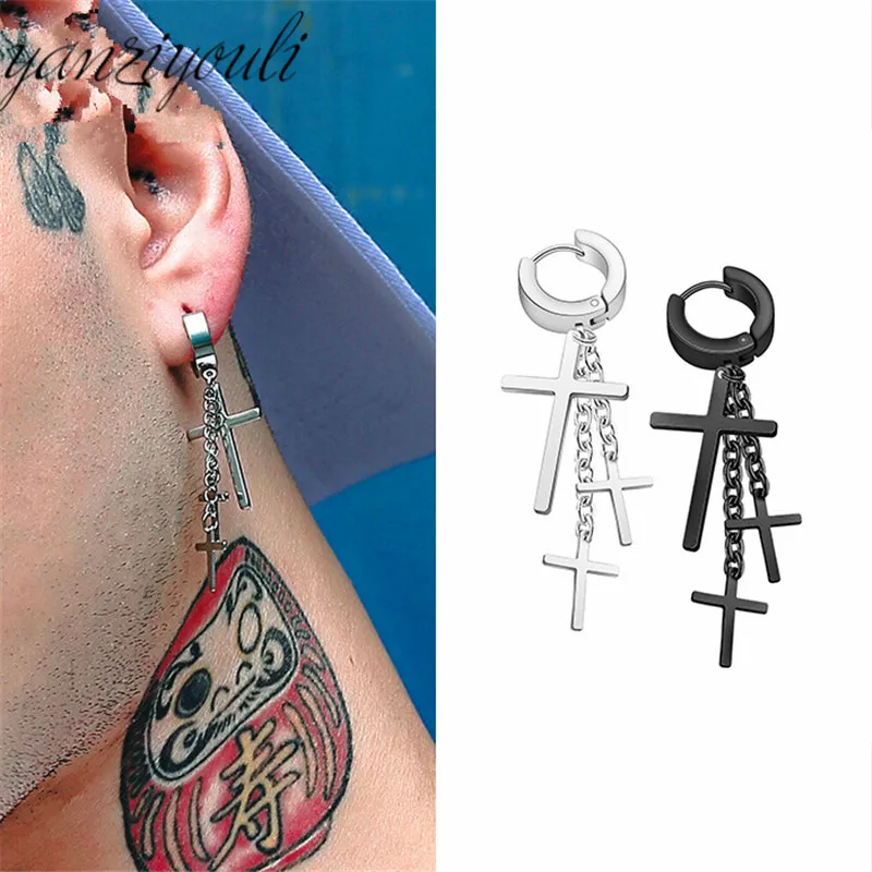 

1Pc 2020 New Design Punk Street Pop Hip Hop Stainless Steel Earrings Cross Pendant Dangle Long Drop Chain Tassel Titanium Buckle