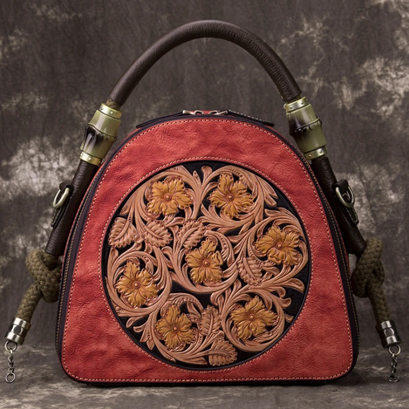 

Genuine Leather Women's Bag Vintage Floral Female's Handbags Embossed Shoulder Round Cross Body Bag for Ladies