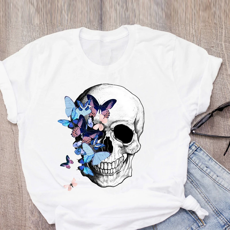 

TShirt Women Summer Fashion cool skull Print Short Sleeve Lady T-shirts Top Ladies Womens Graphic Female Tee T-Shirt