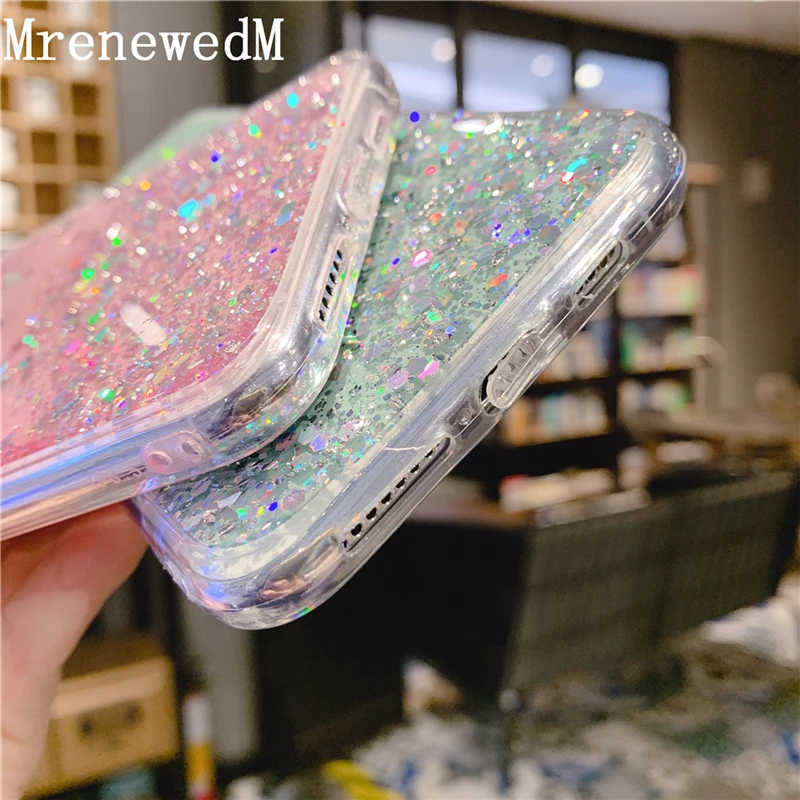 

MrenewedM Bling Glitter Clean Silicone Case For iPhone 12 Mini 11 Pro XR XS Max Soft Sequins Star Cover on iPhon 5SE 6S 7 8 Plus