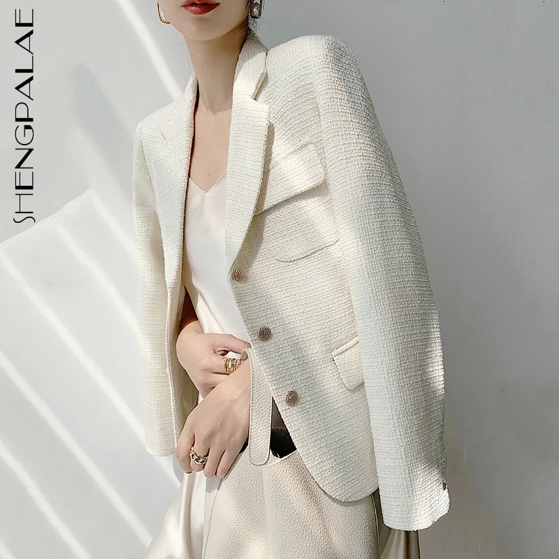 

SHENGPALAE Fashion Creamy-white Tweed Blazer Women Autumn 2021 New Notched Loose Single Breasted Long Sleeve Suit Jacket Female