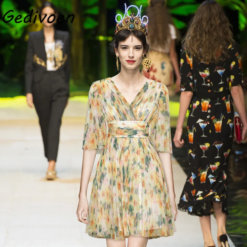 

Gedivoen Fashion Designer dress Summer Women's Dress V-neck Floral print Bohemian Vacation Beach Sexy Backless Dress