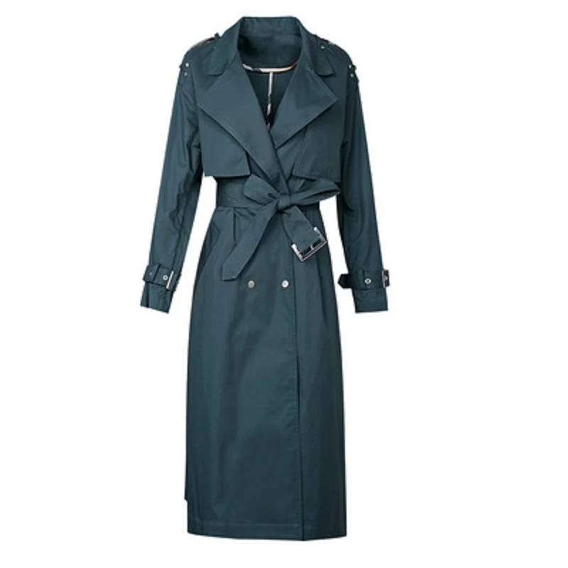 

2020 Long length anti wrinkle windbreaker women autumn winter solid British style fashion Polo neck professional coat with belt