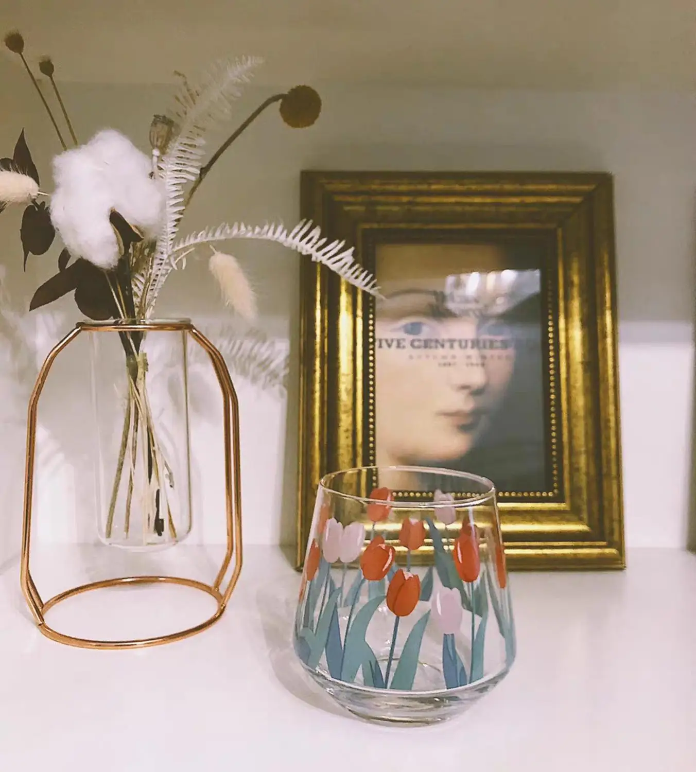 

Korea tulip Print Pattern glass water cup hand-painted Transparent flower cup milk coffee Juice Drink cup Mouthwash Cup