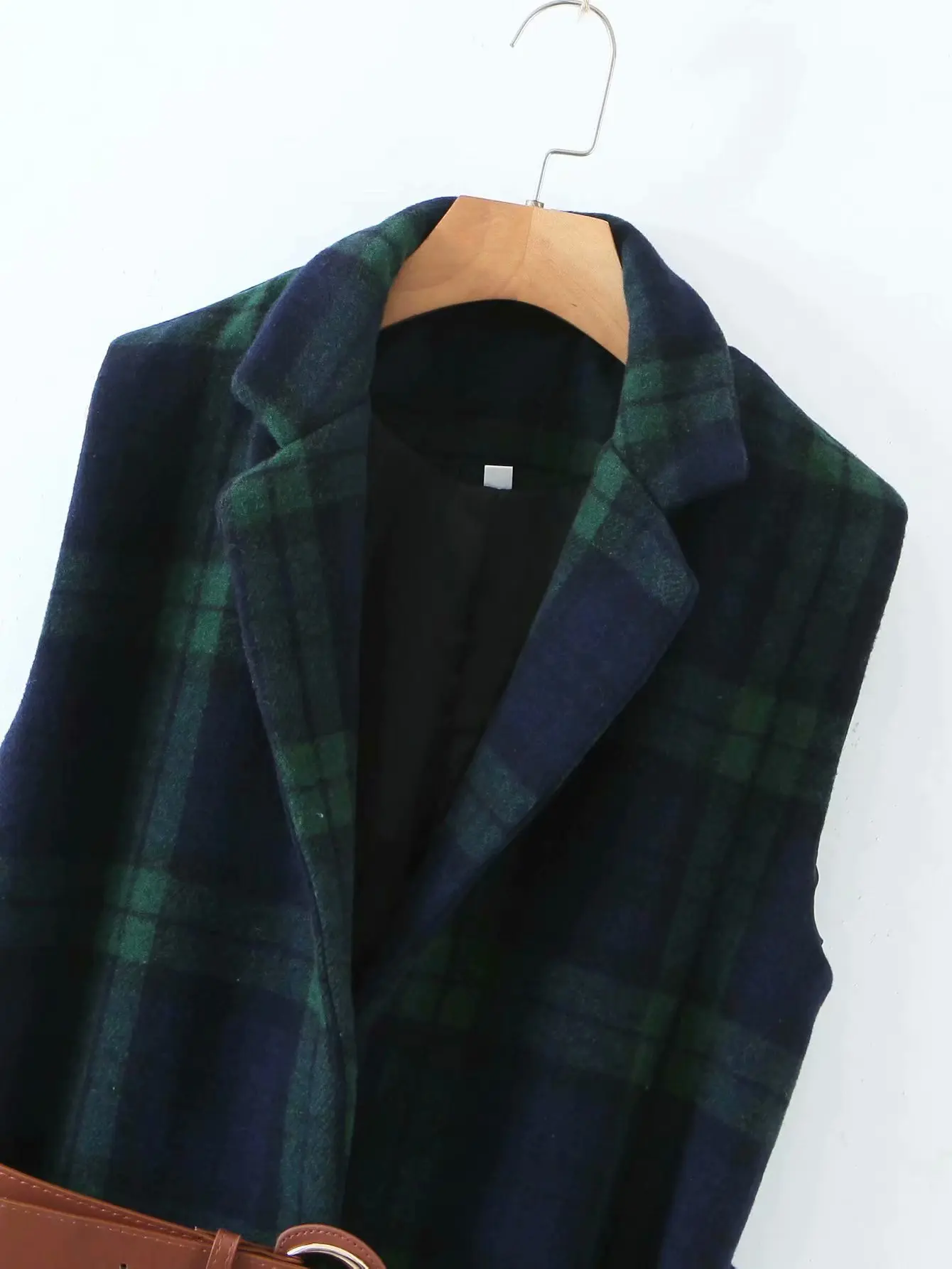 Женская Повседневная осенняя куртка без рукавов зеленая клетчатая длинная