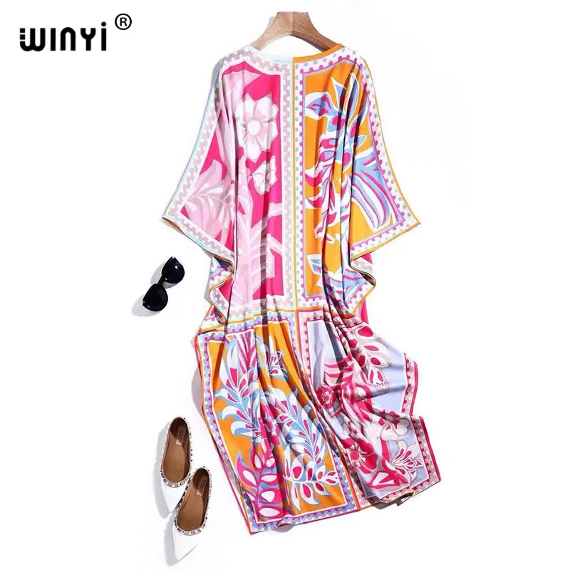 

Bahrain Summer Saudi Arabia Designer Plus Size Long Dress Women V Neck Batwing Sleeve Printed Chiffon Loose Maxi Dress WINYI