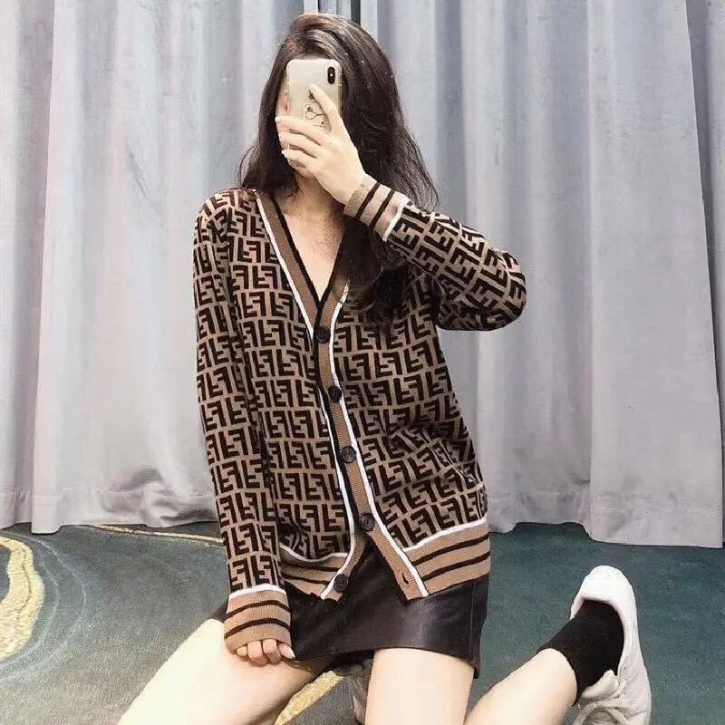 

2021 spring new net red tide brand double f jacquard thin cardigan V-neck color matching sweater knitted cardigan