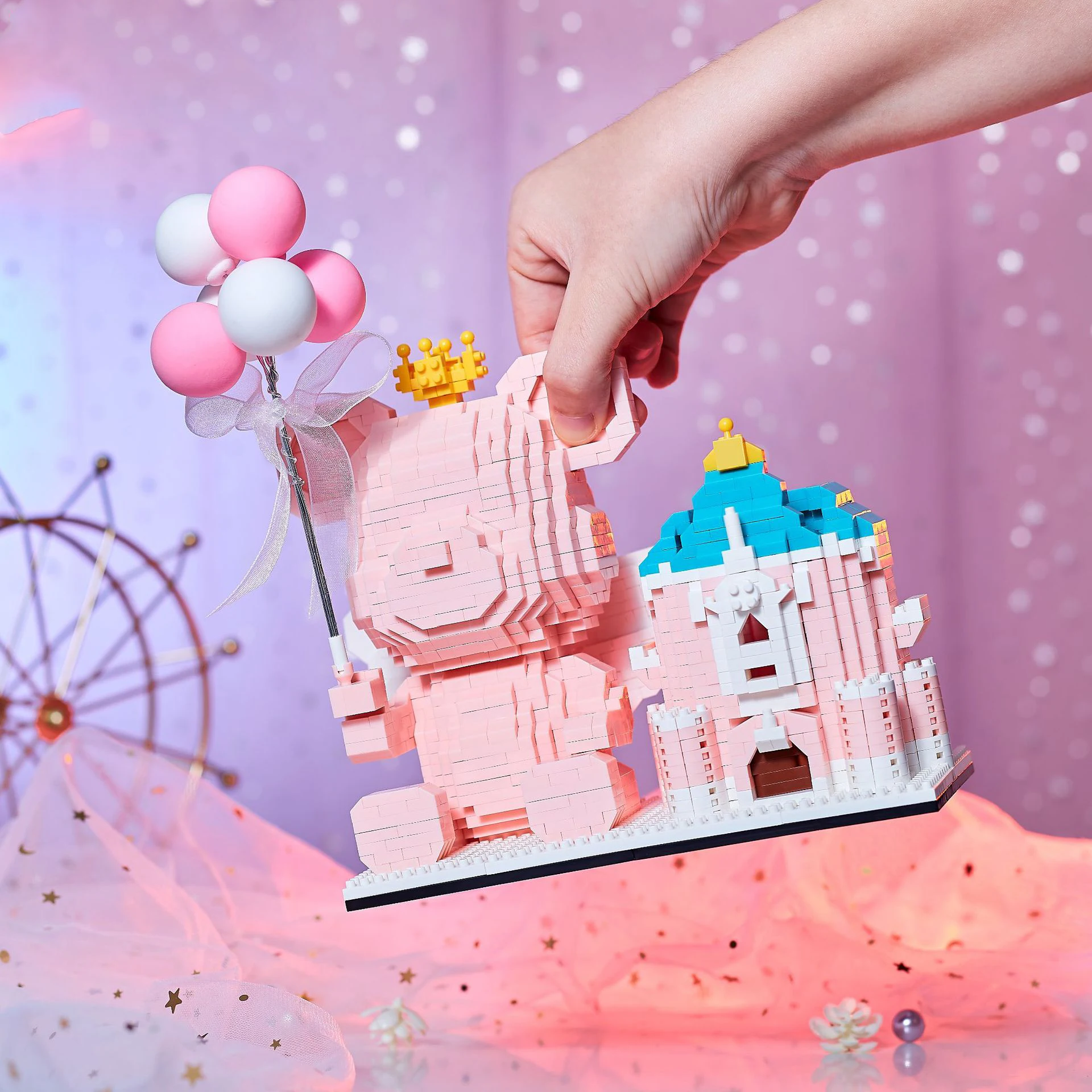 Micro bloques de construcción de dibujos animados para niños, oso rosa con globo, contenedor, soporte, Mini figuras de ladrillos de diamantes, juguetes para niños, regalo, 1898 piezas