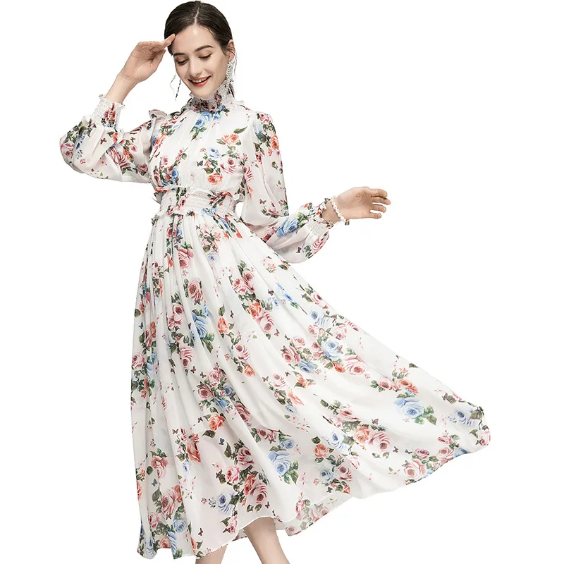 

Romantic Flower Fashion Printed Stand Collar 2021 Spring and Summer Temperament New Long Sleeve Elastic Waist Swing Long Dress