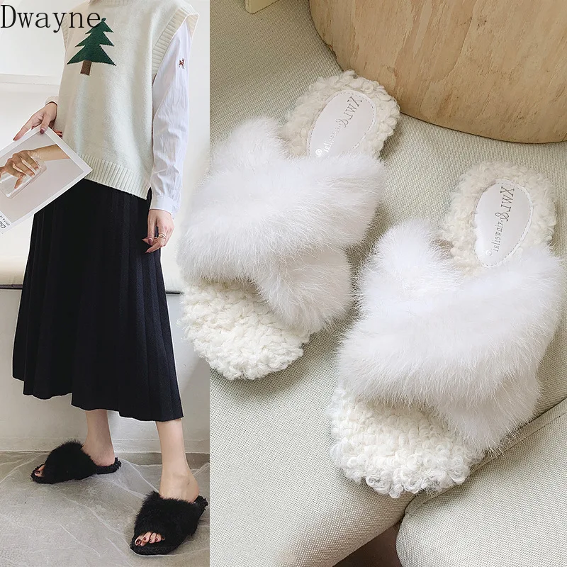 Меховые тапочки удобная женская обувь на мягкой подошве модные дикие плоские