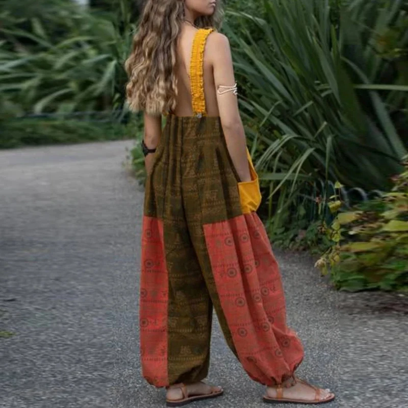 

Vintage Floral Print Linen Cotton Jumpsuit Women Sexy Backless Strappy Bodysuit 2021 Summer Female Fashion Casual Streetwear 3XL