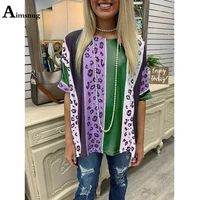 aimsnug ladies elegant chic leopard print t shirt patchwork womens top 2021 summer new loose tees shirt casual pullovers femme