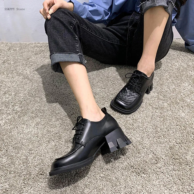 Ladies High Heels Oxford Shoes Autumn New Lace Square Toe Leather Lace High Heels Loafers Fashion Small Leather Shoes