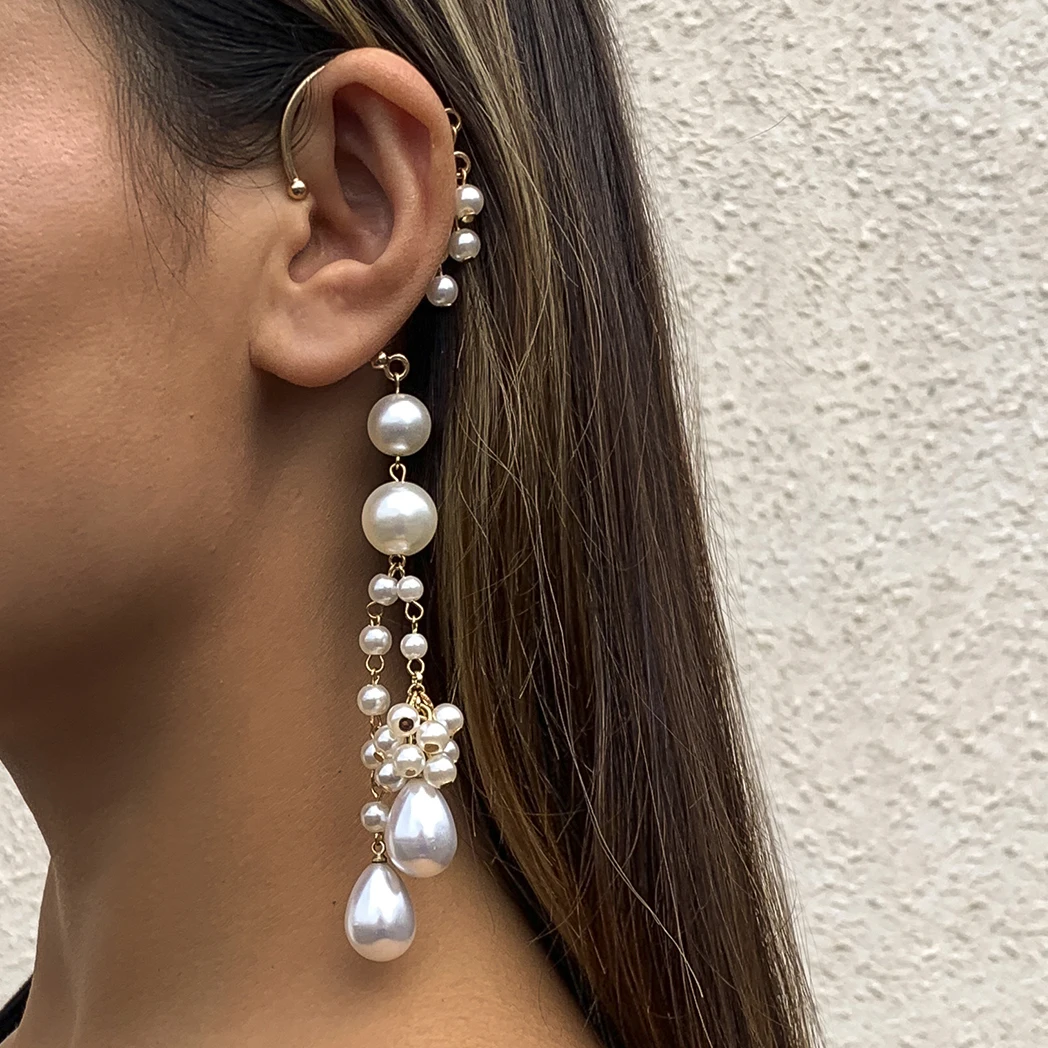 

Ingemark Vintage Imitation Pearl Long Tassel Clip Earring for Women Girl Wedding Ear Cuff Fake Piercing Goth Pendientes Jewelry