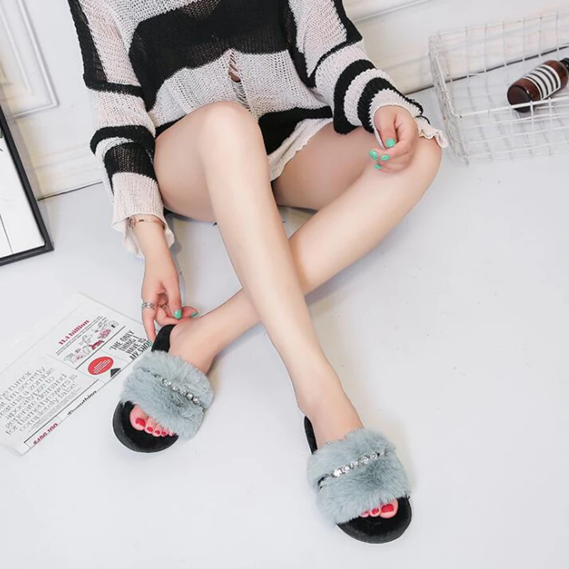 Новые женские домашние тапочки стразы аксессуары плюшевые Нескользящие с мягкой