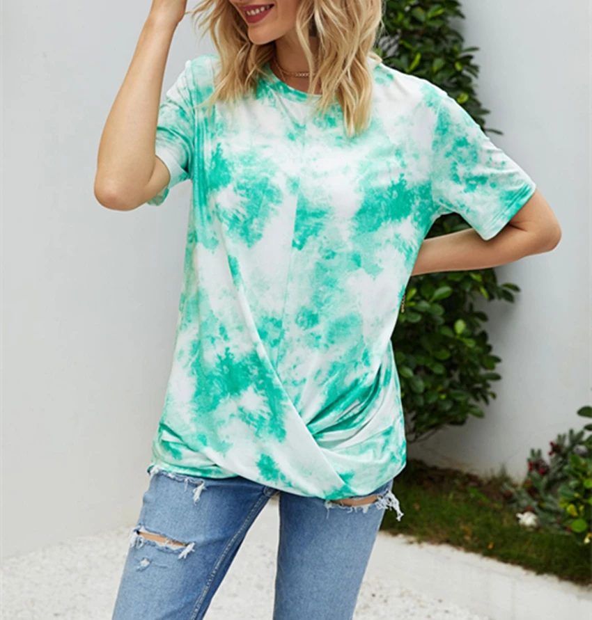 Футболка Tie-dye женские свободные топы футболка Летние Плиссированные футболки с