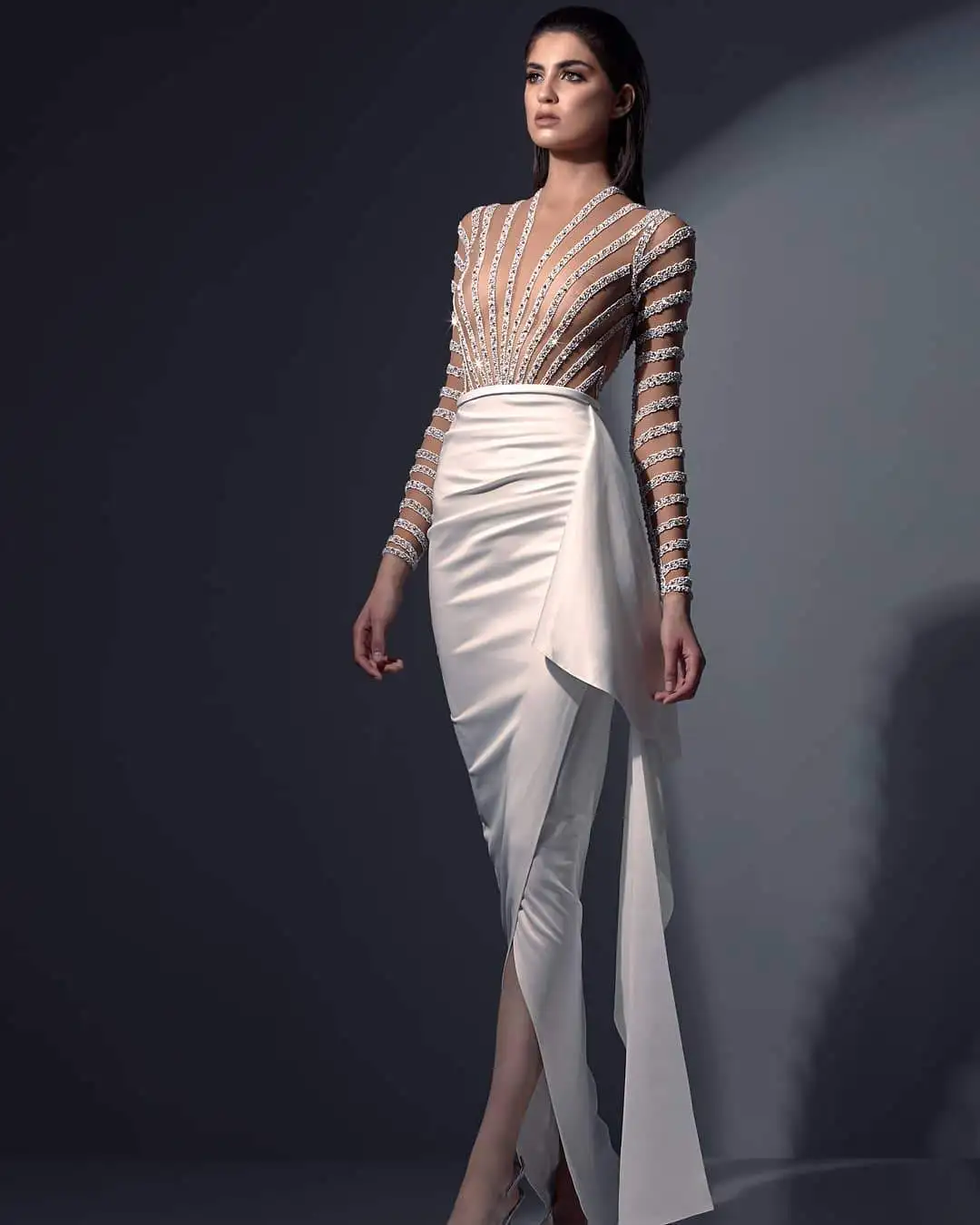 

2022 new fashion sexy see-through elegant split gown long sleeve v-neck stripe sexy dress eye-catching glittery party dresses