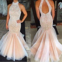 luxury champagne high neck pageant dresses beading pearls sexy mermaid prom dresses hollow and zipper back evening gowns