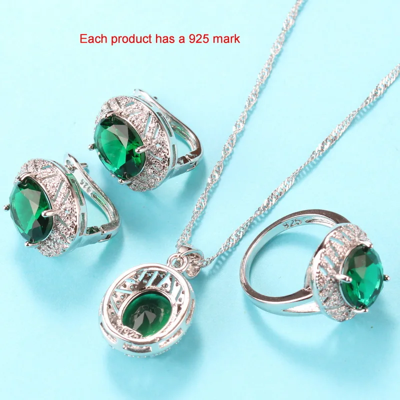 Женский ювелирный комплект Свадебный костюм из серебра 925 пробы с зеленым