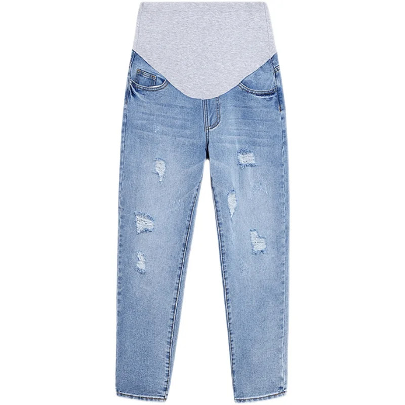 

8820 2021 Spring Denim Maternity Jeans Ripped Hole Washed Elastic Waist Pants for Pregnant Women Casual Loose Pregnancy Trousers