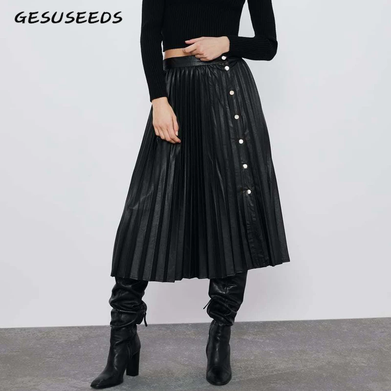 Кожаная юбка миди из искусственной кожи со складками зимние плиссированные юбки